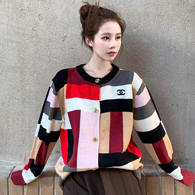 chanel colorful block check round neck knit cardigan